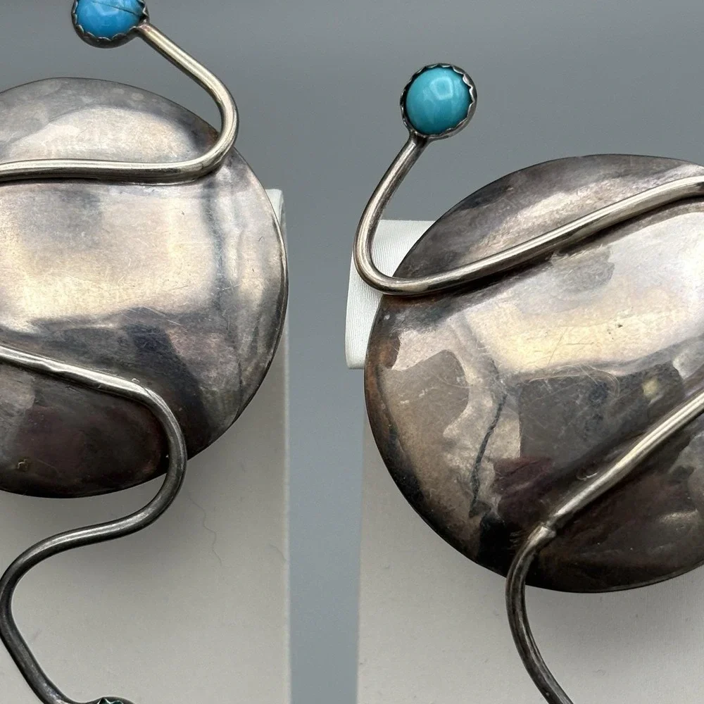 Vintage M.E. Friedman Clip On Earrings Sterling Silver Modernist Turquoise